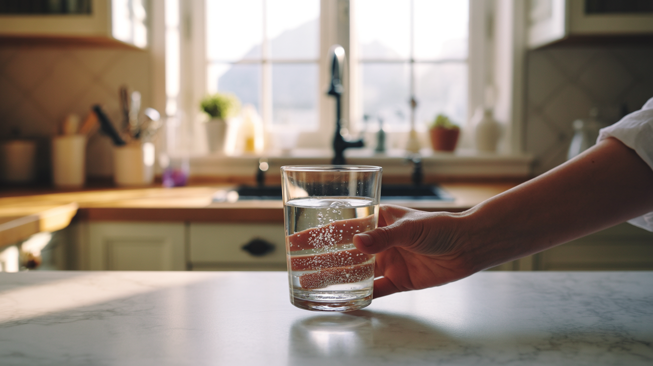A hand reaches for a glass of water with creatine dissolving — what is creatine guide by PYRRA